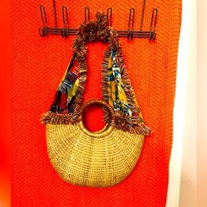 Sam Edelman summer woven bag with leather wrap handles and cloth shoulder straps